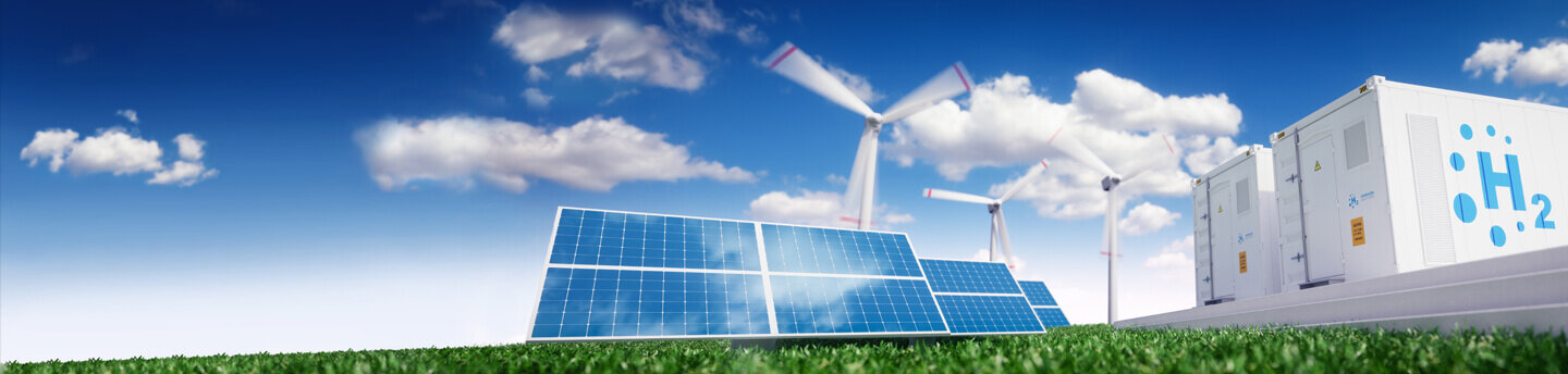 Ecological energy solution. Hydrogen energy storage, photovoltaic system and wind turbines.