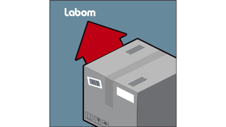 Illustration of a parcel, with an arrow pointing to Labom.